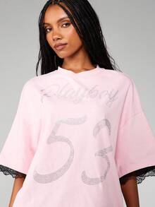 Missguided x Playboy Rhinestone Number 53 Oversized T-Shirt With Lace Trim Detail For Casual Streetwear - Pink - View 5
