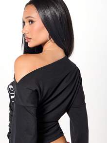 SUMWON WOMEN Off Shoulder Long Sleeve Top With Script Text For Casual Winter Wear - Black - View 7