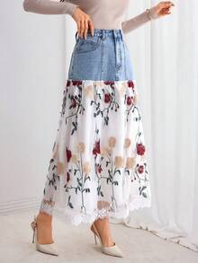 Selianne 女士中长款牛仔撞色网眼甜美高腰 A 字裙 - 中等水洗藍 - 查看 1