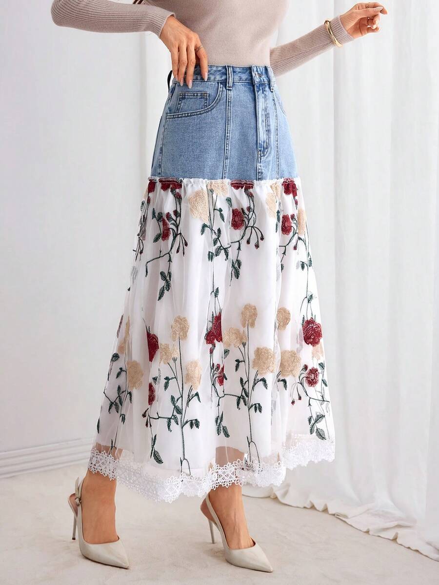 Selianne 女士中长款牛仔撞色网眼甜美高腰 A 字裙 - 中等水洗藍 - 查看 1