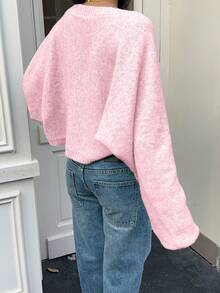 SHEIN Unity Casual Solid Color Batwing Sleeve Cardigan, Versatile - Pink - View 2
