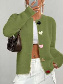 SHEIN Unity Áo len cardigan dệt kim cài nút hình trái tim nhiều màu sắc thường ngày cho nữ, tay dài, mùa thu/đông - màu xanh lá - Xem 5