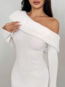 SHEIN MOOSTA Sexy Solid Color Asymmetric Collar Long Sleeve Sweater Dress - White - View 4