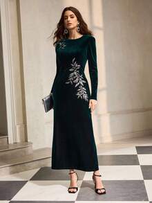 ZEYLAH Đầm Maxi thêu hạt cườm thanh lịch cổ tròn tay dài cho nữ, mùa thu/đông - Màu xanh lá cây đậm - Xem 5