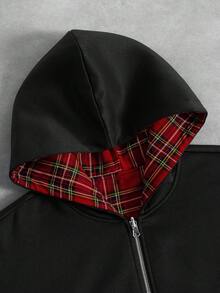 PAVTROS Manfinity Streetrush 男士街头风流行 INS 休闲格子连帽卫衣，秋冬季，街头服饰，保暖，圣诞节，男友礼物，双面拉链卫衣，长袖上衣 - 黑色 - 查看 16