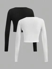 SHEIN EZwear 2 件套休闲简约圆领加厚长袖短款修身女式 T 恤，无胸罩，温暖，舒适别致，修身百搭，运动，适合健身，适合秋季室内日常穿着， - 彩色 - 查看 2