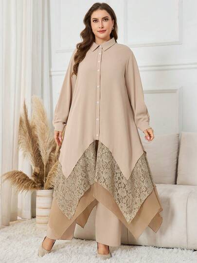 Al Najma 大码女式不对称下摆长衬衫，两件套配裤子，拼接设计长上衣，秋季