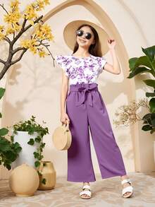 SHEIN 2pcs Tween Girl Floral Print Round Neck Top And Pants Set