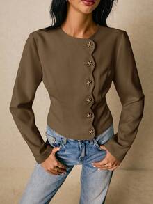 Poéselle Women's Metal Button Decorated Long Sleeve Shirt - Brown - View 3