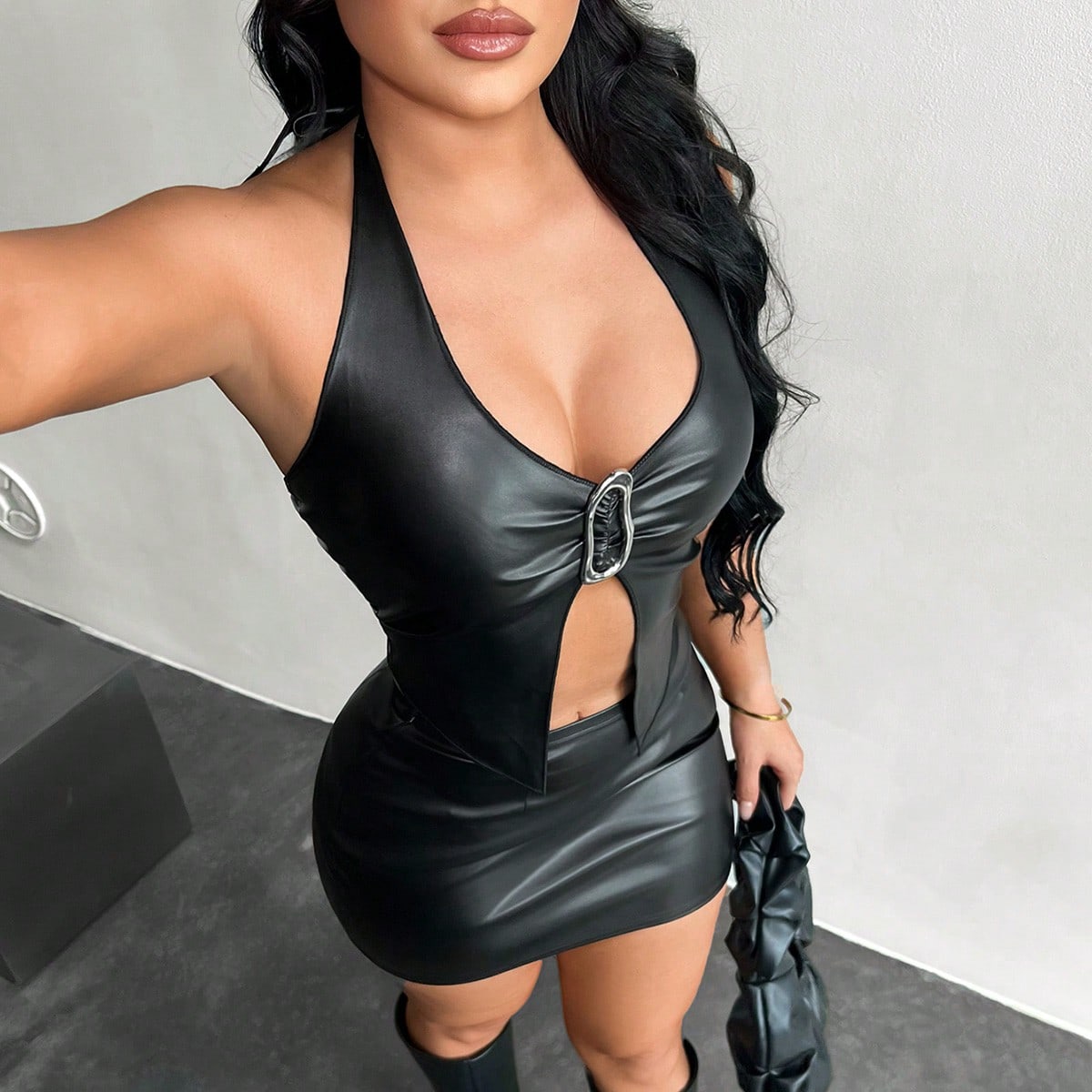 Y2K PU Leather Halter Top & Mini Skirt Set, Club Dress Black,Club Dress Sexy,Black Sexy Outfit, Faux Leather Dress, Black Leather Dress