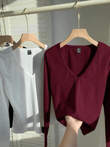 SHEIN EZwear 3 件套女士深 V 领修身休闲长袖 T 恤套装，适合春秋季 - 彩色 - 查看 7