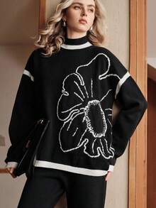 Franclia Women's Elegant Black And White Floral Sweater Set,Contrast Trim Drop Shoulder Knit Top & Long Pants 2 Pieces Set For Autumn Brunch Autumn/Winter - Black - View 8