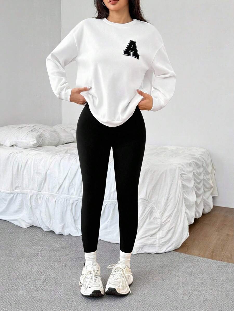 SHEIN PETITE 女秋冬新款运动卫衣打底裤套装休闲显瘦家居服小码升级版 - 黑與白 - 查看 1