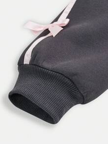 SHEIN 少女字母刺绣套头拉链卫衣和休闲裤两件套 - 深灰色 - 查看 8