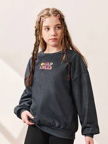 JNSQ Tween Girls' Long Sleeve Fleece Sweatshirt, Oversized Crew Neck Pullover With Funny Print Pattern, Suitable For Daily Wear, Outdoor Activities, Vacation, Streetwear, Party And Casual Occasions - Black - View 2