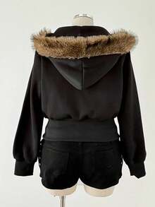 Sunspun 大码连帽流苏串珠长袖夹克 - 黑色 - 查看 2