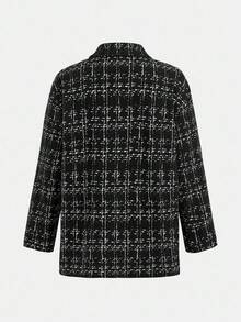 SHEIN Tween Girl Flap Pocket Tweed Jacket And Double-Breasted Mini Skirt Set - Black - View 7