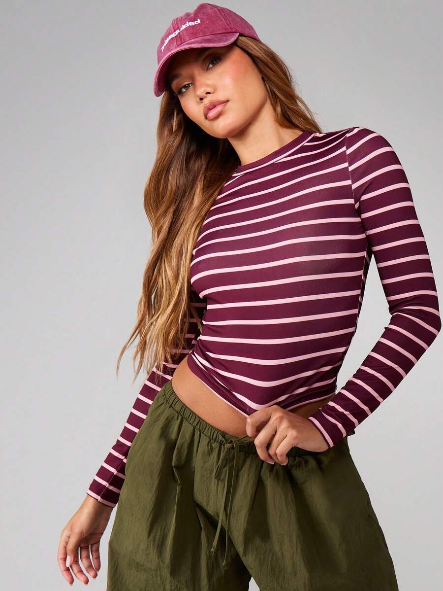 MISSGUIDED Striped Long Sleeve Crew Neck Fitted T-Shirt Fall Winter Casual Basic Top - Multicolor - View 1