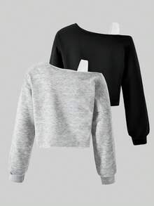 2pcs/Set Oversized Elegant Cold Shoulder Long Sleeve Sweatshirt For Tween Girls, One Shoulder With White Strap, Ribbed Cuffs, Fashionable Casual Minimalist Style, Suitable For Travel, School, Outings - Multicolor - View 2