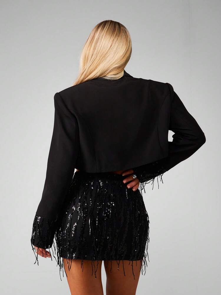 MISSGUIDED Cropped Button Blazer With Sequin Cuff Detail Business Professional Office Outerwear