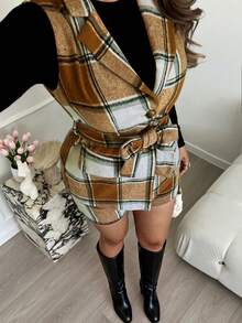 Xyvia 女士格子纽扣无袖收腰长款马甲短裤套装，秋冬季商务休闲装。 - 卡其色 - 查看 6