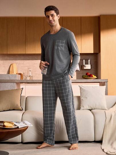 Manfinity Underwear&Sleepwear Basics Plus Size Men's Plaid Pocket Long Sleeve Top And Long Pants Pajama Set