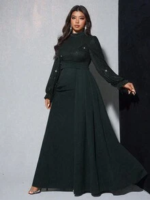 Viva Relle 大码女式优雅亮片装饰长袖高腰喇叭裙，适合宴会、派对、婚礼宾客、新年、圣诞节 - 黑色 - 查看 5