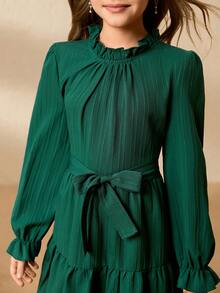 女童圣诞绿色长袖连衣裙，休闲百搭童装，适合青少年女孩日常穿着，秋冬季 - 綠色 - 查看 8