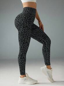 Gameset SHEIN Sport Women's Seamless Leopard Print High Stretch Leggings, Suitable For Yoga, Workout, And Daily Commute - Dark Grey - View 3