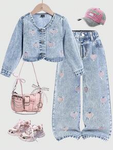 SHEIN Playful Pals Young Girls Denim Two Pieces Outfits, Pink Heart Embroidery Slim-Fit Cardigan Long Sleeve Top And Retro Straight-Leg Blue Denim Pants, Denim Set Two Piece Denim Set Little Girls Sets With Purse Denim Sets For Girls Jean Outfit Set - Light Wash - View 9