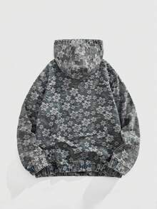 ROMWE MEN Street Life Men Fashionable Floral Retro Jacquard Hooded Denim Jacket, Fall - Blue - View 2