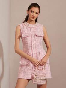 Enchnt 这款浪漫的粉色碎花粗花呢连衣裙，饰有流苏、格纹细节以及精致的珍珠和水钻，是一款无袖的可爱公主迷你裙，非常适合秋冬季节穿着。时尚优雅，适合派对、约会、节日、毕业典礼、办公场合、郊游、万圣节、圣诞节等各种场合。也适合作为秋季女装、秋季套装、秋季套装、嘉年华和新年装扮。 - 藍色 - 查看 4