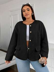 Flirla Plus Size Women Plain Color Long Sleeve Single Breasted Casual Loose Jacket For Autumn, For Winter Fall Cloth For Women - Black - View 6
