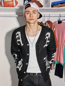 Manfinity Homme Áo len cardigan dệt kim dài tay họa tiết chữ cho nam, phong cách Thu/Đông nam Rave Alt Men Graphic Men Festival Thu Đông - màu đen - Xem 5