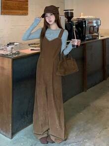 DAZY 女士宽松灯芯绒吊带阔腿裤，休闲优雅，秋冬 - 棕色 - 查看 3