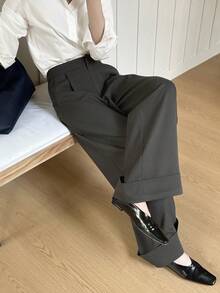 DAZY Women's Loose Wide Leg Pants With Cuffed Hem, Casual & Formal, Autumn/Winter - Grey - View 5