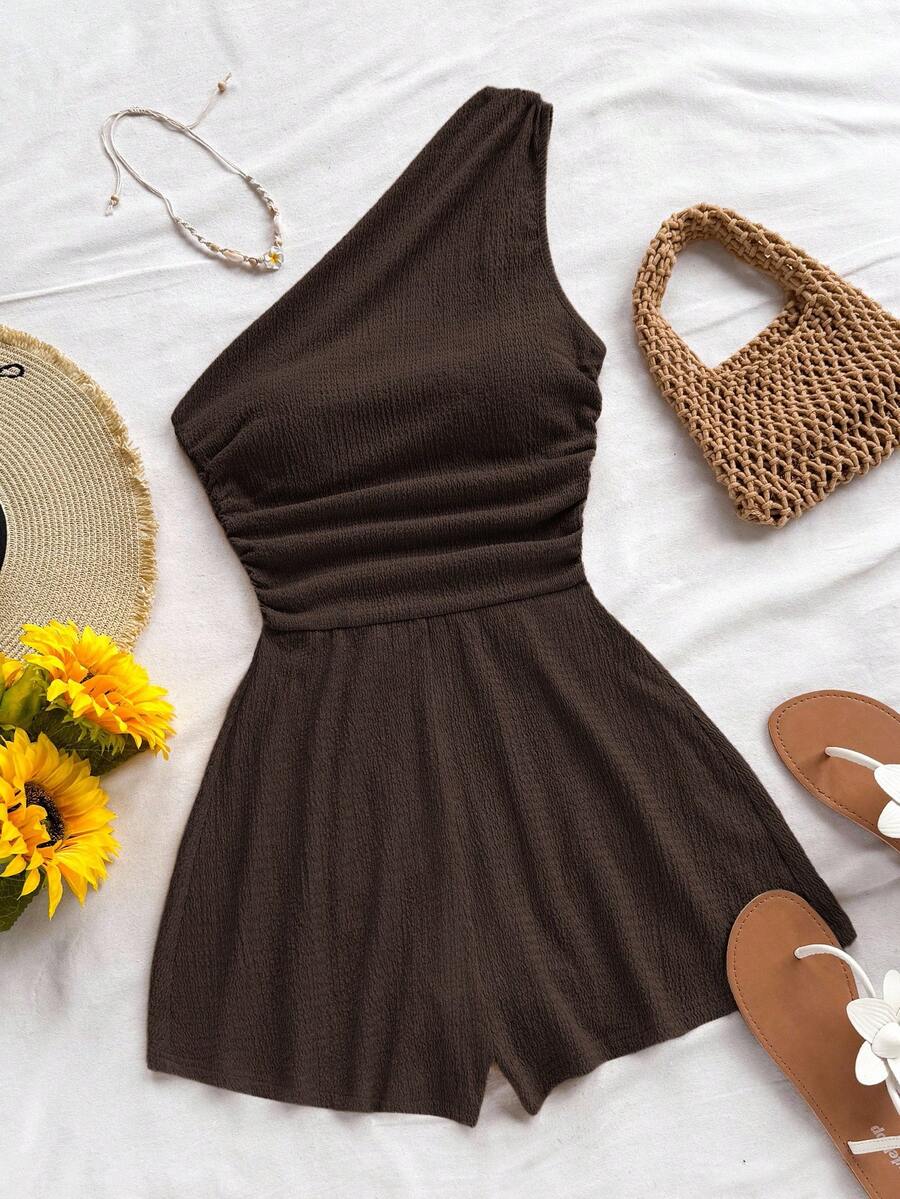 Soleia Plus Size Women Casual Ruched Sleeveless Jumpsuit, Suitable For Vacation, Autumn/Winter - Coffee Brown - View 1