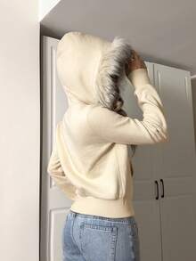 SHEIN EZwear 女士休闲杏色前拉链卫衣，适合日常穿着、毕业典礼、返校、教师着装、秋冬季。 - 杏色 - 查看 2