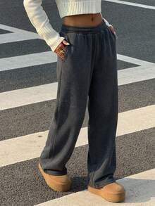 Muchica 女式复古做旧宽松保暖内衬运动裤，秋冬 - 黑色 - 查看 3