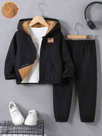 SHEIN 2pcs/Set Young Boy Letter Print Hooded Jacket And Pants, Casual Thermal Lined, Autumn/Winter