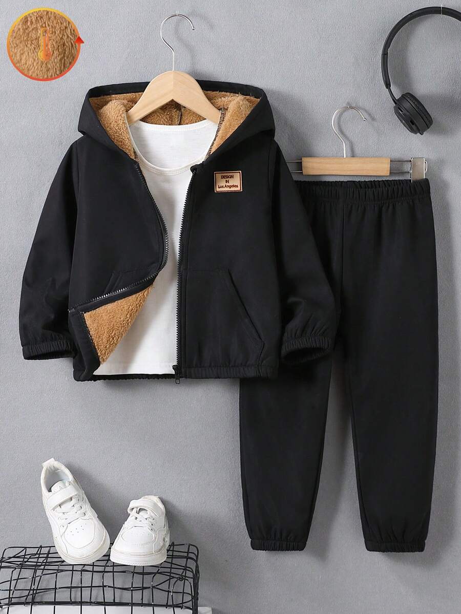 SHEIN 2 件套年轻男孩字母印花连帽夹克和裤子，休闲保暖内衬，秋冬 - 黑色 - 查看 1