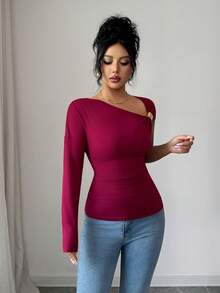SHEIN Elenzya Women's Solid Color Metal Decor Asymmetric Collar Fitted Fashionable Blouse - Red Violet - View 4