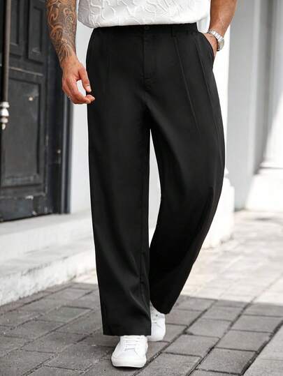 Manfinity CasualCool Pantalones de traje sueltos y de pierna ancha con bolsillos plisados de unicolor para hombres de talla grande