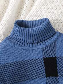SHEIN 2pcs/Set Baby Boy/Girl Casual High Neck Plaid Sweater And Jogger Pants Set, Suitable For Autumn/Winter Wear - Dusty Blue - View 3