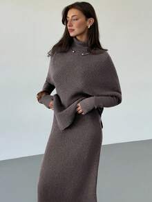 Aloruh 紫色针织两件套 新款冬季加厚女式毛衣裙宽松两件套 - 咖啡棕 - 查看 5