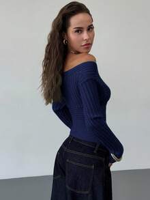 Aloruh Áo len dệt kim nữ thu/đông mới, hở vai, tay dài, ôm sát, cổ điển - Màu xanh hải quân - Xem 6