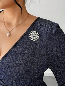 SHEIN Elenzya Plus Size Women's Elegant Glitter Knit V-Neck Puff Sleeve Rhinestone Decor Ruched Maxi Dress - Navy Blue - View 8