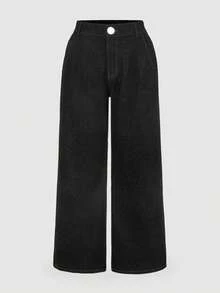 SHEIN PETITE CURVE 大码女式高腰口袋阔腿宽松休闲牛仔裤 - 黑色 - 查看 4