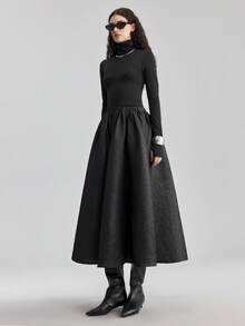 Ontre Váy chữ A cạp thường phủ kim loại họa tiết đặc biệt màu đen dành cho nữ, trang phục công sở thường ngày thanh lịch và tinh tế, phong cách sang trọng giản dị, trang phục sân bay/du thuyền chất lượng cao, trang phục đa năng cho mọi mùa, tiệc tùng và đi làm - màu đen - Xem 4