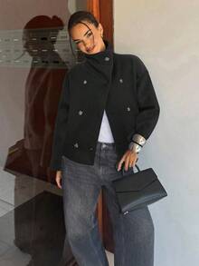 Siren Gaze 女士休闲纯色长袖大衣，秋冬 - 黑色 - 查看 6